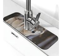 Tappetino per rubinetto per lavello 38,1 x 14 cm, super assorbente, diatomite, ad asciugatura rapida, in pietra, con ventosa, lupo nella neve, gocciolatoio, vassoio per asciugare il bancone della