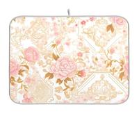 Tappetino per scolapiatti riutilizzabile, motivo floreale, color pesca e oro, 45,7 x 61 cm, rettangolare, grande, per cucina, decorativo, decorazione per la casa