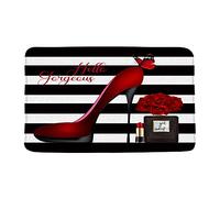 Tappetino Porte High Heels Gorgeous Fashion Girls Perfume Flower Woman Romantic Black White Stripes Tappetino Di Benvenuto Antibatterico Lavabile Zerbini Per Posteriori Porte Anteriori 40X60Cm