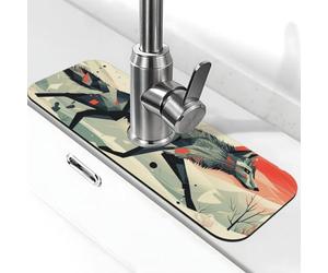 Tappetino quadrato astratto per lavello con lupo paraspruzzi per rubinetto, ventosa per rubinetto della cucina, maniglia del rubinetto, vassoio antigoccia, tappetino per asciugare il bagno (38,1 x 14
