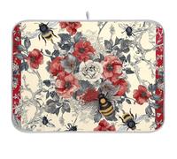 Tappetino riutilizzabile in stile boho con fiori e api rosse, 45 x 61 cm, rettangolare, grande, scolapiatti per bancone della cucina, decorazione per la casa essenziale