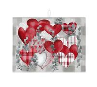 Tappetino scolapiatti a forma di cuore per bancone della cucina, motivo scozzese rosso e cuori solidi, tappetino scolapiatti assorbente, in microfibra, per San Valentino, 45,7 x 61 cm