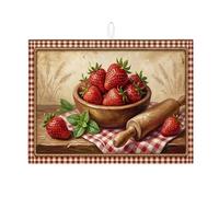 Tappetino scolapiatti a forma di fragola per bancone della cucina, tappetino scolapiatti assorbente a scacchi rossi in microfibra vintage per cucina, caffè, bar, protezione 45,7 x 61 cm