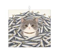 Tappetino scolapiatti a forma di gatto e pesce per bancone della cucina | Stuoia assorbente della cucina di Microfiber con la stuoia d'attaccatura dello scolapiatti del ciclo per i piatti utensili