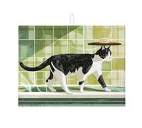 Tappetino scolapiatti a forma di gatto per bancone della cucina, tappetino assorbente in microfibra per scolapiatti in stile retrò, motivo scozzese verde, tappetino scolapiatti in microfibra per