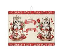 Tappetino scolapiatti a forma di gatto per San Valentino, con graziosi cuori rossi e fiori, assorbente, in microfibra, per la decorazione del bancone della cucina, 45,7 x 61 cm