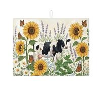Tappetino scolapiatti a forma di mucca per bancone della cucina, tappetino assorbente per scolapiatti con girasole floreale, tappetino in microfibra primaverile per protezione del bancone della cucina