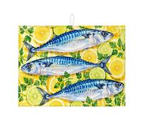 Tappetino scolapiatti a forma di pesce e limone per bancone della cucina, tappetino assorbente blu scolapiatti in microfibra di ispirazione costiera per la decorazione della casa, 45,7 x 61 cm