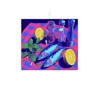 Tappetino scolapiatti a forma di pesce vibrante per bancone della cucina, tappetino assorbente per piatti a base di pesce, tappetino per scolapiatti in microfibra blu retrò, protezione per asciugatura