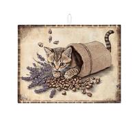 Tappetino scolapiatti a tema gatto per bancone della cucina, design rustico vintage a forma di gattino, tappetino assorbente scolapiatti in microfibra, comodo tappetino per asciugare il bancone della