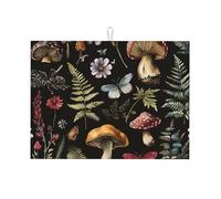 Tappetino scolapiatti assorbente a forma di fungo con farfalla, per bancone della cucina, foresta e fiori, foglie, tappetino da caffè, protezione per piatti con anello per appenderlo, 45,7 x 61 cm