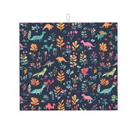 Tappetino scolapiatti assorbente con dinosauro e fiori, per bancone della cucina, con foglie di foresta, tappetino da caffè, scolapiatti con anello per appenderlo, 40,6 x 45,7 cm