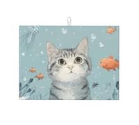 Tappetino scolapiatti assorbente con gatto carino per scolapiatti per bancone della cucina, tappetino per pesce di mare, caffè, tappetino scolapiatti con anello per appenderlo, 45,7 x 61 cm