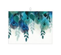 Tappetino scolapiatti assorbente con piume blu foglia di tè, per bancone della cucina, tappetino da caffè pavone, protezione scolapiatti con anello per appenderlo, 45 x 61 cm