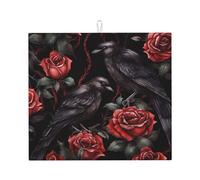 Tappetino scolapiatti assorbente con rosa rossa, per bancone della cucina, con corvo nero, tappetino da caffè, con anello per appenderlo, 40,6 x 45,7 cm