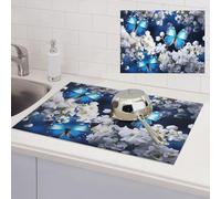Tappetino scolapiatti assorbente con stampa di farfalle blu e fiori bianchi, tappetino scolapiatti in microfibra per bancone della cucina, 45,7 x 61 cm
