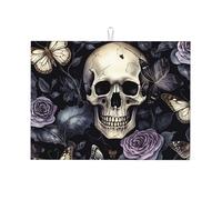 Tappetino scolapiatti assorbente con teschio e fiori, per bancone della cucina, motivo scheletro, farfalla, tappetino da caffè, scolapiatti con anello per appenderlo, 45,7 x 61 cm