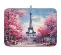 Tappetino scolapiatti assorbente in microfibra con motivo Torre Eiffel con fiori di ciliegio di Parigi, per scolapiatti da cucina, cucchiaio, piatto di vetro, 45,7 x 60,9 cm