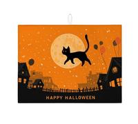 Tappetino scolapiatti assorbente per bancone della cucina, motivo gatto spettrale e luna, tappetino scolapiatti in microfibra autunnale per decorazione bancone della cucina, 45,7 x 61 cm