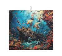 Tappetino scolapiatti assorbente per bancone della cucina, motivo: naufragio sotto il mare, tappetino da caffè con anello per appenderlo, 40,6 x 45,7 cm