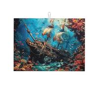 Tappetino scolapiatti assorbente per bancone della cucina, motivo: naufragio sotto il mare, tappetino da caffè con anello per appenderlo, 45 x 61 cm