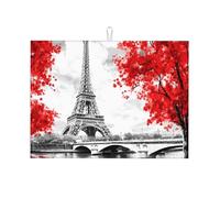 Tappetino scolapiatti assorbente Torre Eiffel Parigi, per bancone della cucina, motivo: albero rosso, tappetino da caffè, scolapiatti con anello per appenderlo, 45 x 61 cm