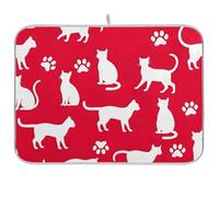 Tappetino scolapiatti bianco con impronte di zampa di gatto rosso per bancone della cucina, 45,7 x 40,6 cm, tappetino assorbente reversibile per bancone della cucina