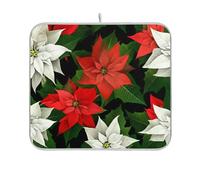 Tappetino scolapiatti bianco rosso con fiori di stella di Natale verdi carino ultra assorbente grande protezione dal calore personalizzato per bancone della cucina tappetino asciutto 45,7 x 61 cm