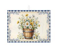 Tappetino scolapiatti blu a scacchi per bancone della cucina, tappetino assorbente rustico per secchio di fiori, tappetino in microfibra floreale primaverile per proteggere bar, 45,7 x 61 cm