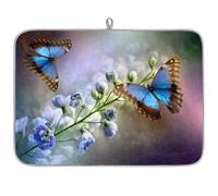 Tappetino scolapiatti blu con fiori e farfalle, per bancone della cucina, 60 x 45 cm, tappetino assorbente in microfibra ad asciugatura rapida, per macchina del caffè, lavello e scolapiatti