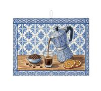 Tappetino scolapiatti blu floreale per bancone della cucina, motivo vintage, assorbente, tappetino scolapiatti in microfibra a tema caffè, per proteggere il bancone della cucina, 45,7 x 61 cm