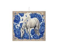 Tappetino scolapiatti blu floreale per bancone della cucina, tappetino assorbente vintage con cavallo e farfalla, tappetino scolapiatti in microfibra primaverile per cucina, bar, 40,6 x 45,7 cm