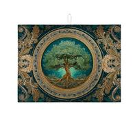 Tappetino scolapiatti con albero della vita, per bancone della cucina, assorbente verde e oro, tappetino scolapiatti medievale in microfibra per bar, 45,7 x 61 cm
