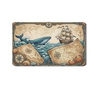 Tappetino scolapiatti con balena nautica per bancone della cucina, tappetino in gomma assorbente vintage con mappa dell'oceano, tappetino protettivo in pelle PU costiera estiva 30,5 x 50,8 cm