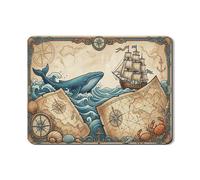 Tappetino scolapiatti con balena nautica per bancone della cucina, tappetino in gomma assorbente vintage con mappa dell'oceano, tappetino protettivo in pelle PU costiera estiva 45,7 x 61 cm