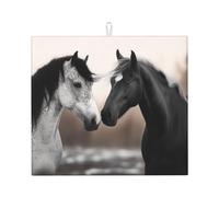 Tappetino scolapiatti con cavalli bianchi e neri, super assorbente, con gancio, facile da pulire, accessori da cucina, scolapiatti per piatti, 45,7 x 40,6 cm