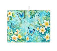 Tappetino scolapiatti con farfalla tropicale, per bancone della cucina, tappetino assorbente floreale blu acqua, tappetino in microfibra botanico estivo per proteggere bar, 45,7 x 61 cm