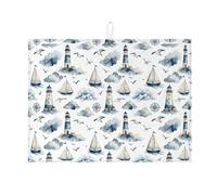 Tappetino scolapiatti con faro nautico per bancone della cucina, tappetino assorbente per scolapiatti blu con barca a vela blu oceano in microfibra per bar 45,7 x 61 cm