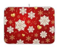 Tappetino scolapiatti con fiocco di neve e cuore rosso e bianco, ad asciugatura rapida, reversibile, 45,7 x 61 cm