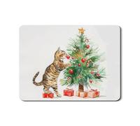 Tappetino scolapiatti con gatto natalizio per bancone della cucina, giocoso motivo tabby e albero delle vacanze, in gomma assorbente rossa e verde, 45,7 x 61 cm