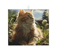 Tappetino scolapiatti con gatto seduto in campo verde per bancone della cucina, 45,7 x 40,6 cm, in microfibra, super assorbente, tappetino scolapiatti antiscivolo extra large tappetino scolapiatti da
