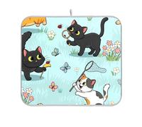Tappetino scolapiatti con grazioso gatto e fiore bianco ad asciugatura rapida, in microfibra, tappetino scolapiatti per cucina, 45,7 x 61 cm