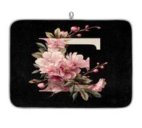 Tappetino scolapiatti con lettera E e floreale rosa su sfondo nero, per bancone della cucina, assorbente, lavabile, tappetino scolapiatti per piano di lavoro, 61 x 46 cm
