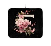 Tappetino scolapiatti con lettera E e floreale rosa su sfondo nero, per bancone della cucina, assorbente, lavabile, tappetino scolapiatti per piano di lavoro, 46 x 41 cm