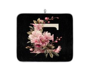 Tappetino scolapiatti con lettera E e floreale rosa su sfondo nero, per bancone della cucina, assorbente, lavabile, tappetino scolapiatti per piano di lavoro, 46 x 41 cm