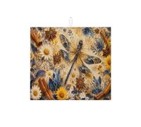 Tappetino scolapiatti con motivo floreale con libellula, per bancone della cucina, tappetino assorbente per scolapiatti blu giallo, tappetino in microfibra primaverile per la decorazione della casa