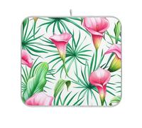 Tappetino scolapiatti con motivo floreale rosa e calle, con palma verde, carino, ultra assorbente, a prova di calore, da appendere al bancone della cucina, 45,7 x 61 cm
