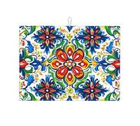 Tappetino scolapiatti con motivo mandala tradizionale, assorbente, per bancone della cucina, con fiore colorato, protezione per scolapiatti con anello per appenderlo, 45,7 x 61 cm