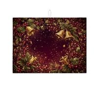 Tappetino scolapiatti con motivo natalizio a bacche per bancone della cucina, tappetino assorbente vintage con campana dorata, tappetino scolapiatti rustico invernale in microfibra per protezione da