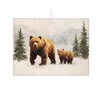 Tappetino scolapiatti con orso invernale, per bancone della cucina, tappetino assorbente per piatti rustico, in microfibra, motivo foresta innevata, per bar, 45 x 61 cm